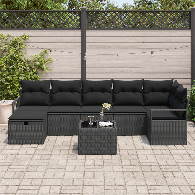 8 Piece Garden Sofa Set with Cushions Black Poly Rattan