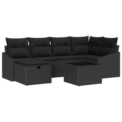 7 Piece Garden Sofa Set with Cushions Black Poly Rattan