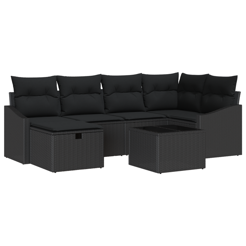 7 Piece Garden Sofa Set with Cushions Black Poly Rattan