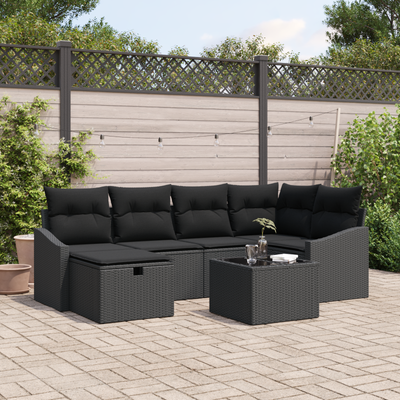 7 Piece Garden Sofa Set with Cushions Black Poly Rattan