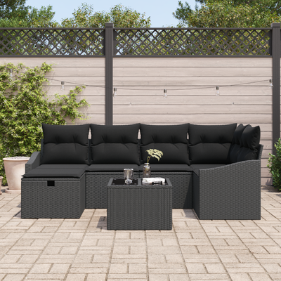 7 Piece Garden Sofa Set with Cushions Black Poly Rattan