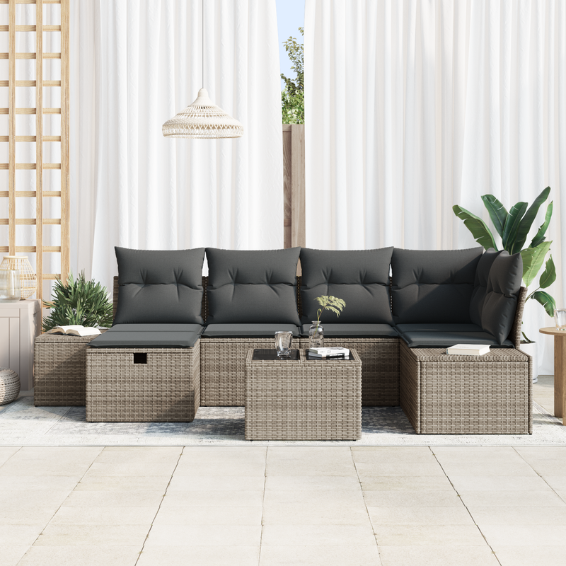 7 Piece Garden Sofa Set with Cushions Grey Poly Rattan