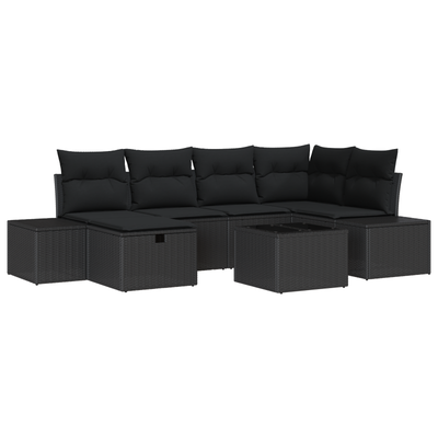 7 Piece Garden Sofa Set with Cushions Black Poly Rattan