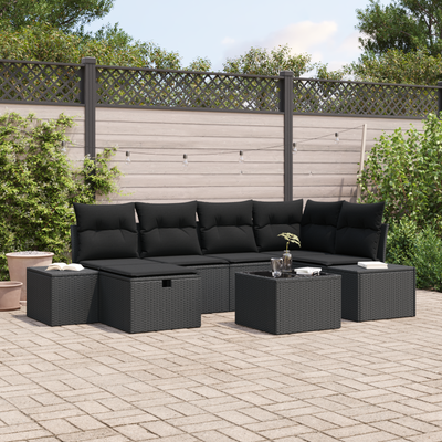 7 Piece Garden Sofa Set with Cushions Black Poly Rattan
