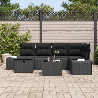 7 Piece Garden Sofa Set with Cushions Black Poly Rattan