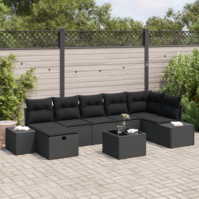 8 Piece Garden Sofa Set with Cushions Black Poly Rattan