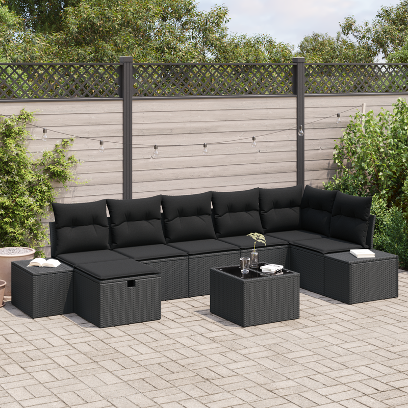 8 Piece Garden Sofa Set with Cushions Black Poly Rattan