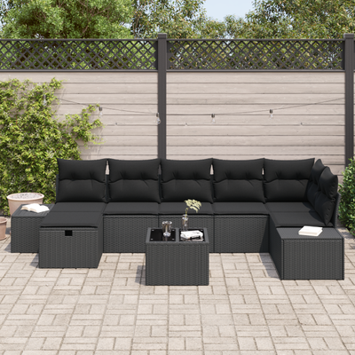 8 Piece Garden Sofa Set with Cushions Black Poly Rattan