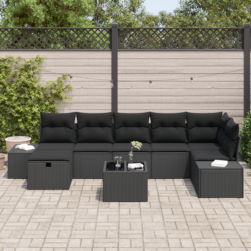 8 Piece Garden Sofa Set with Cushions Black Poly Rattan