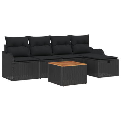 6 Piece Garden Sofa Set with Cushions in Black Poly Rattan