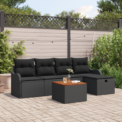 6 Piece Garden Sofa Set with Cushions in Black Poly Rattan
