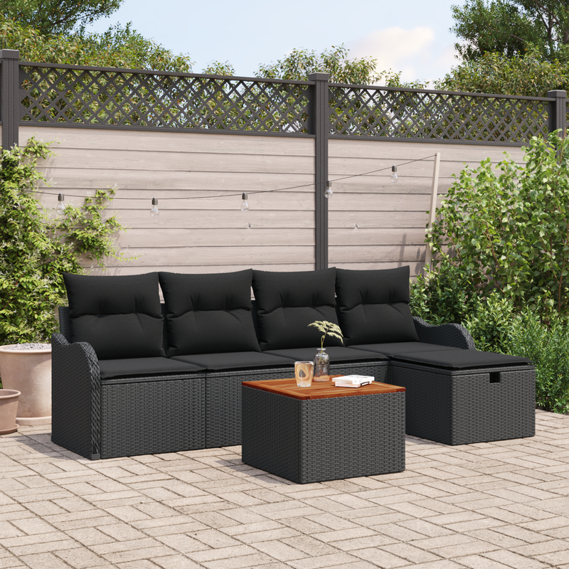 6 Piece Garden Sofa Set with Cushions in Black Poly Rattan