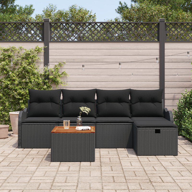 6 Piece Garden Sofa Set with Cushions in Black Poly Rattan