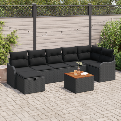 8 Piece Garden Sofa Set with Cushions Black Poly Rattan