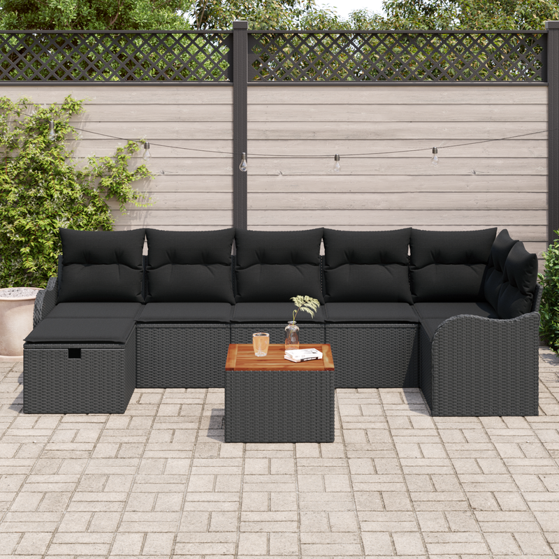 8 Piece Garden Sofa Set with Cushions Black Poly Rattan