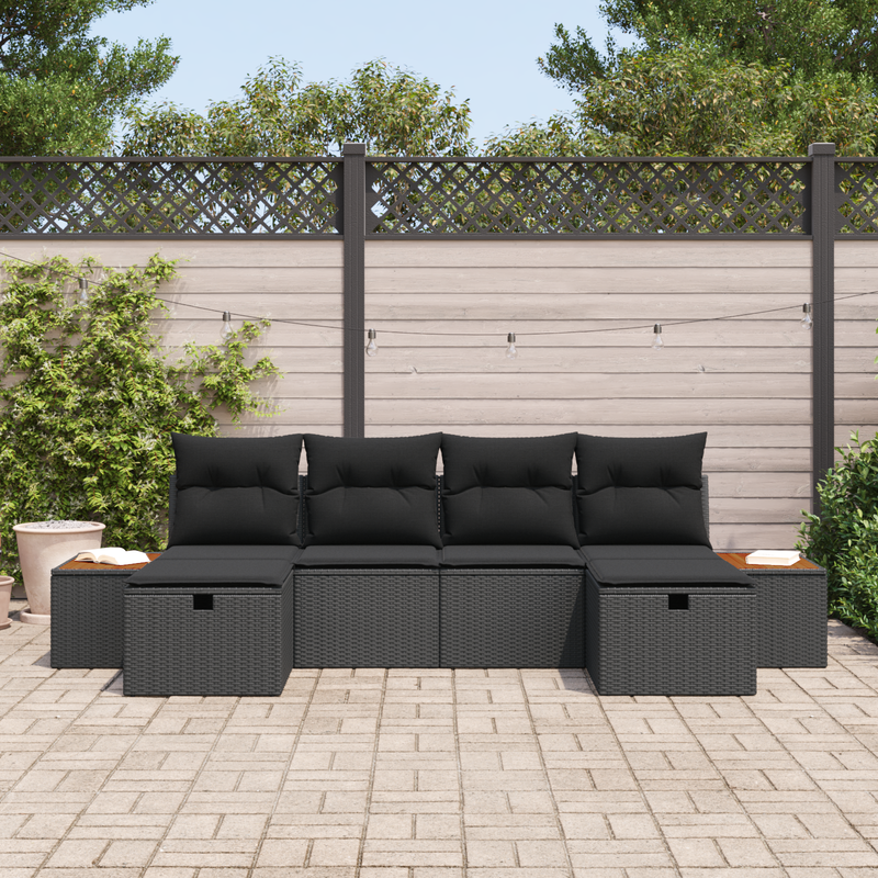 6 Piece Garden Sofa Set with Cushions Black Poly Rattan
