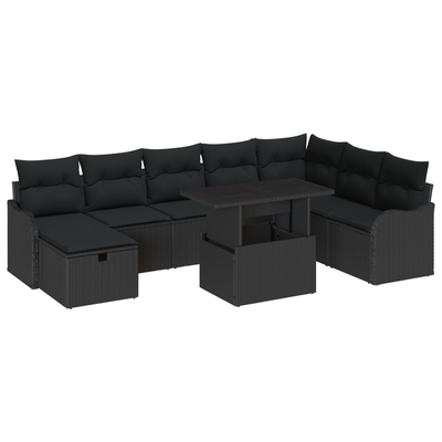 9 Piece Garden Sofa Set with Cushions Black Poly Rattan