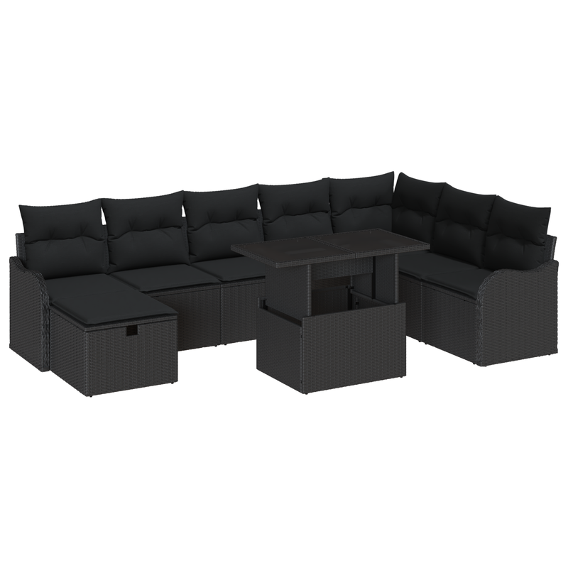 9 Piece Garden Sofa Set with Cushions Black Poly Rattan