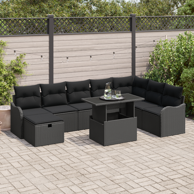 9 Piece Garden Sofa Set with Cushions Black Poly Rattan