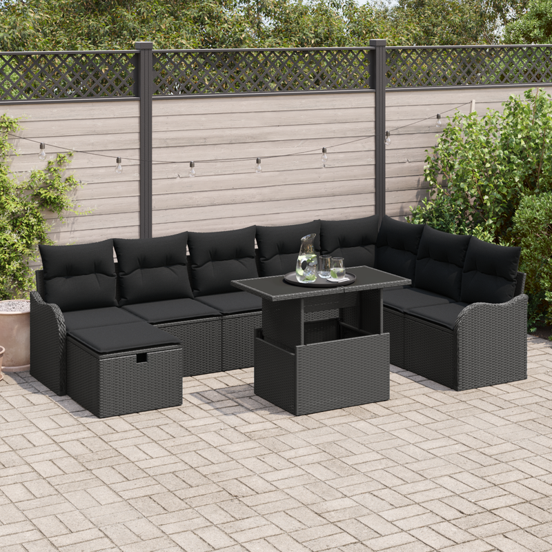 9 Piece Garden Sofa Set with Cushions Black Poly Rattan