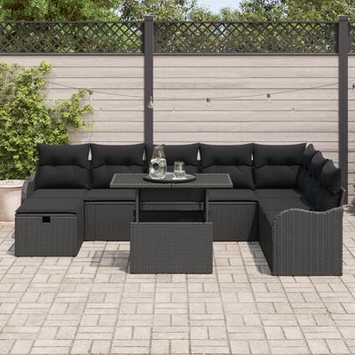 9 Piece Garden Sofa Set with Cushions Black Poly Rattan