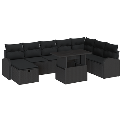 9 Piece Garden Sofa Set with Cushions Black Poly Rattan