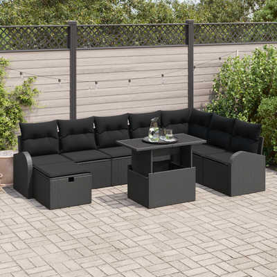 9 Piece Garden Sofa Set with Cushions Black Poly Rattan