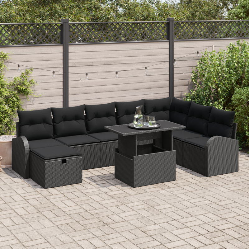 9 Piece Garden Sofa Set with Cushions Black Poly Rattan