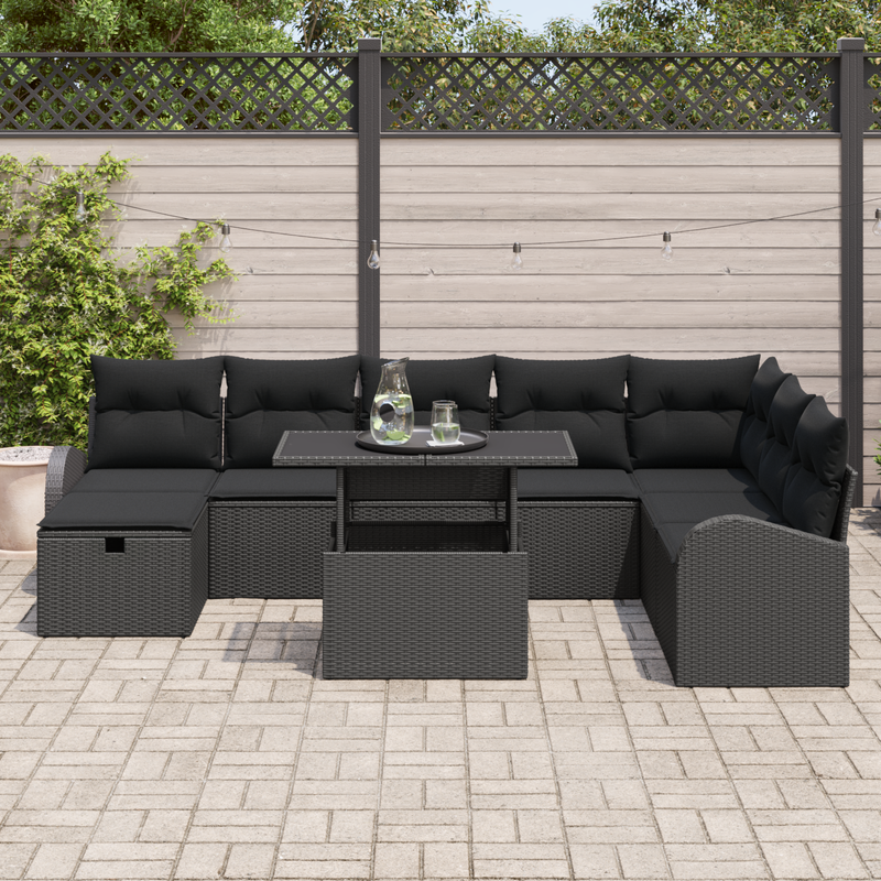 9 Piece Garden Sofa Set with Cushions Black Poly Rattan