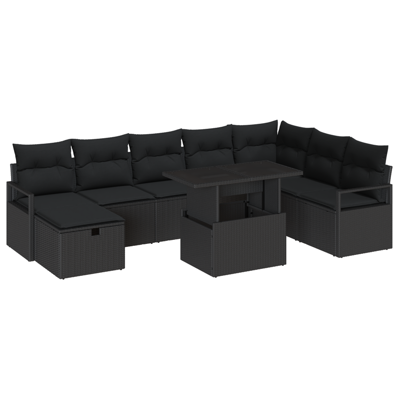 9 Piece Garden Sofa Set with Cushions Black Poly Rattan