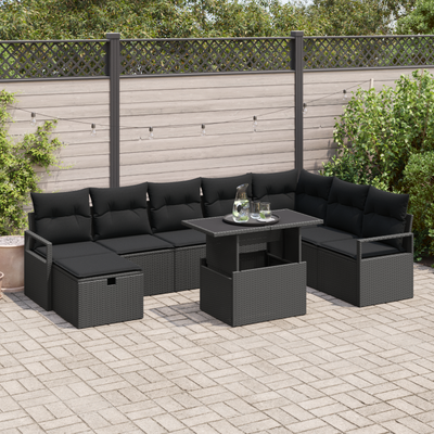 9 Piece Garden Sofa Set with Cushions Black Poly Rattan