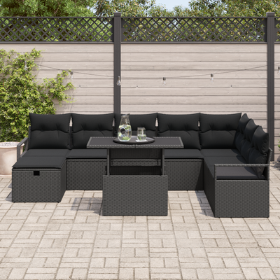 9 Piece Garden Sofa Set with Cushions Black Poly Rattan