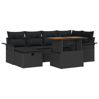 7 Piece Garden Sofa Set with Cushions Black Poly Rattan