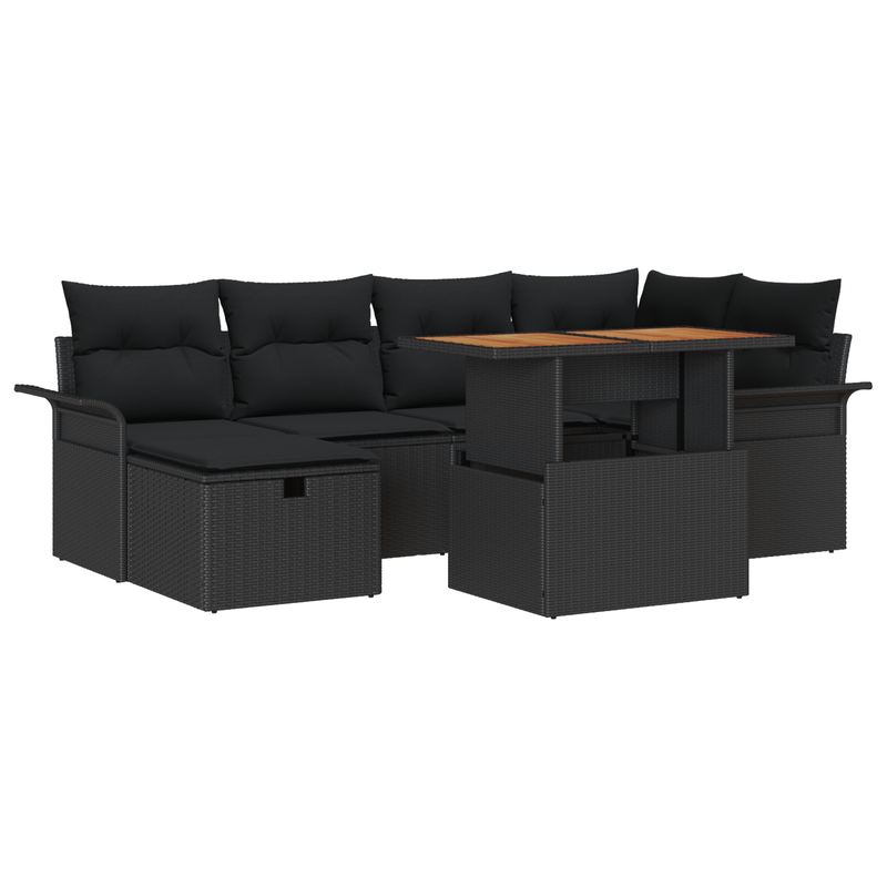 7 Piece Garden Sofa Set with Cushions Black Poly Rattan