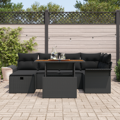 7 Piece Garden Sofa Set with Cushions Black Poly Rattan