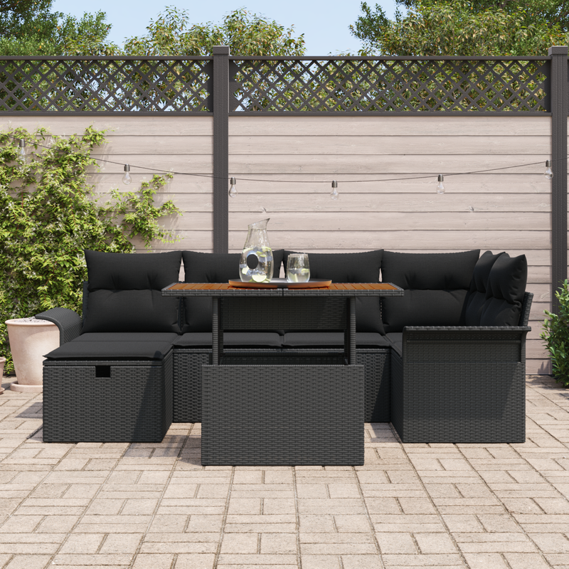7 Piece Garden Sofa Set with Cushions Black Poly Rattan