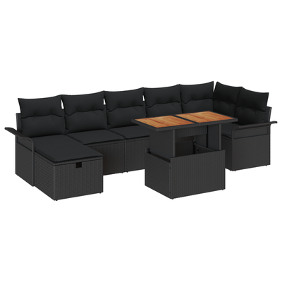 8 Piece Garden Sofa Set with Cushions Black Poly Rattan
