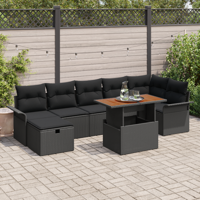 8 Piece Garden Sofa Set with Cushions Black Poly Rattan