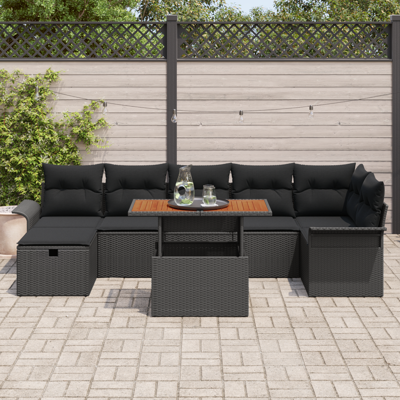 8 Piece Garden Sofa Set with Cushions Black Poly Rattan
