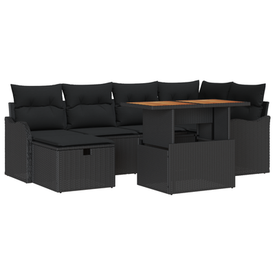 7 Piece Garden Sofa Set with Cushions Black Poly Rattan