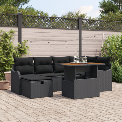 7 Piece Garden Sofa Set with Cushions Black Poly Rattan
