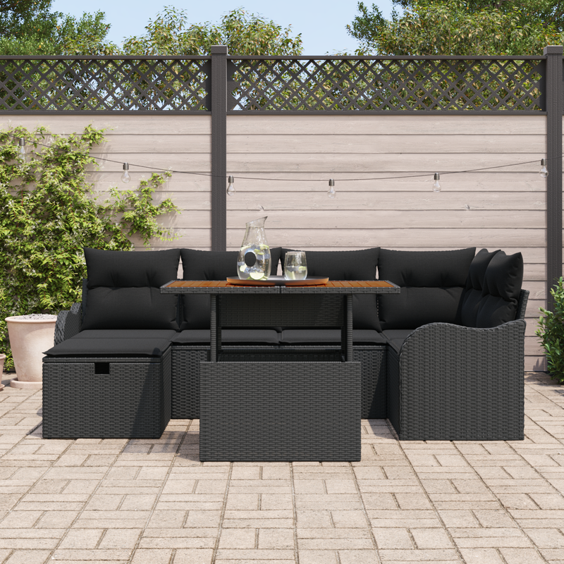 7 Piece Garden Sofa Set with Cushions Black Poly Rattan