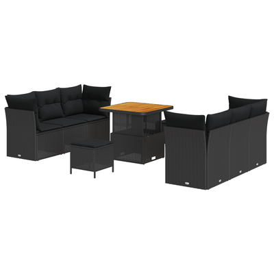 9 Piece Garden Sofa Set with Cushions Black Poly Rattan Acacia
