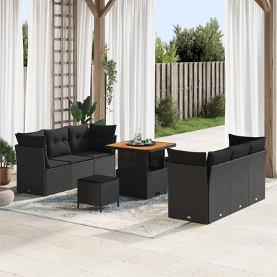 9 Piece Garden Sofa Set with Cushions Black Poly Rattan Acacia