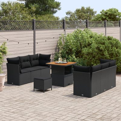 9 Piece Garden Sofa Set with Cushions Black Poly Rattan Acacia