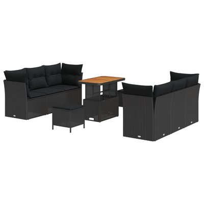 9 Piece Garden Sofa Set with Cushions Black Poly Rattan Acacia