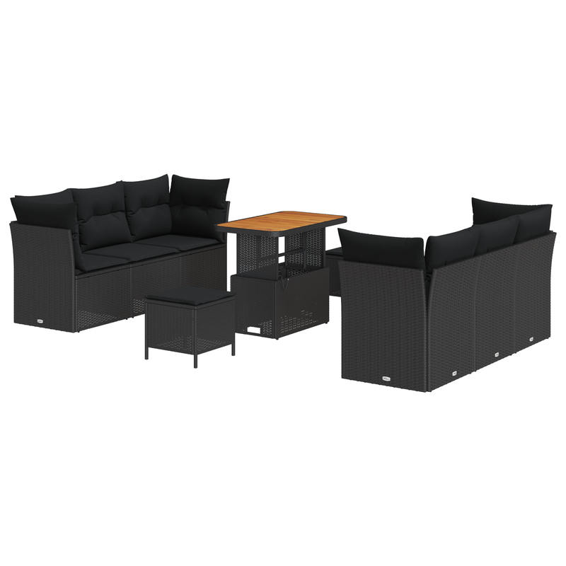 9 Piece Garden Sofa Set with Cushions Black Poly Rattan Acacia