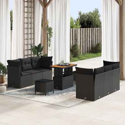 9 Piece Garden Sofa Set with Cushions Black Poly Rattan Acacia