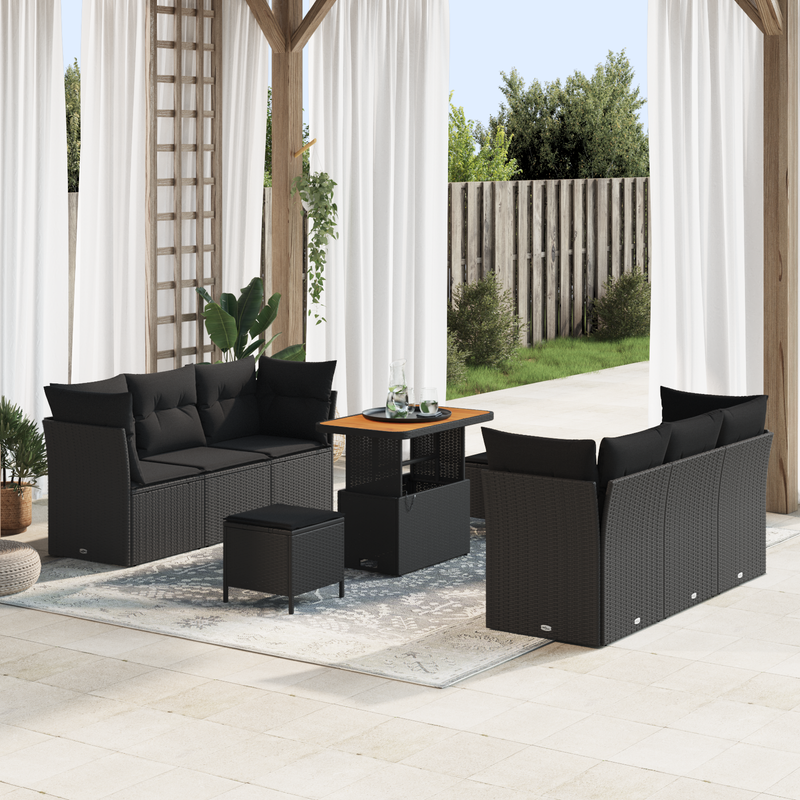 9 Piece Garden Sofa Set with Cushions Black Poly Rattan Acacia