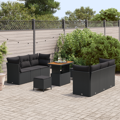 9 Piece Garden Sofa Set with Cushions Black Poly Rattan Acacia